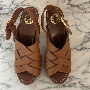 Cognac, Tory Burch sandals with wood 5” heel